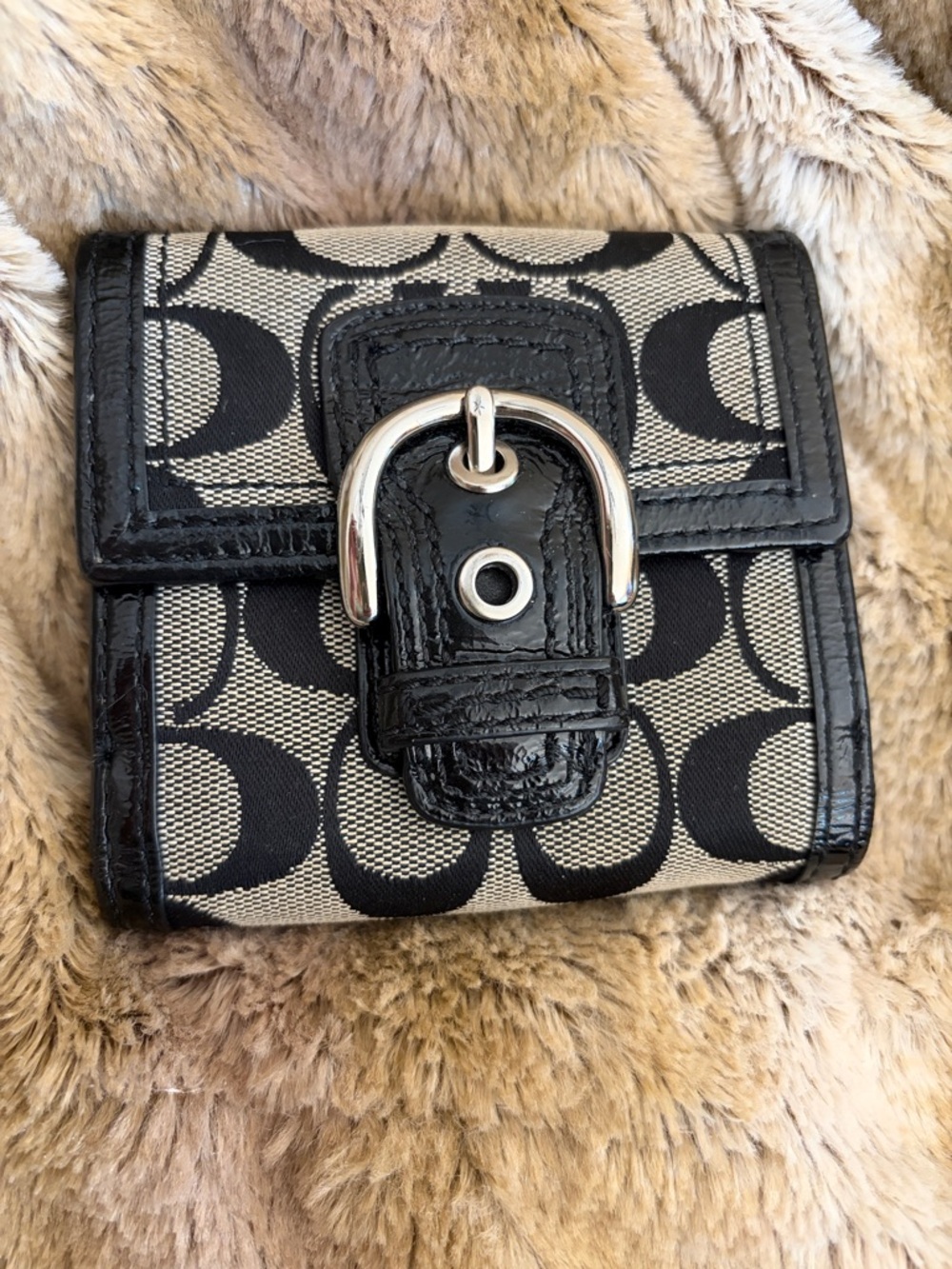 Vintage Coach SoHo Black Taupe Signature Tri-Fold Wallet